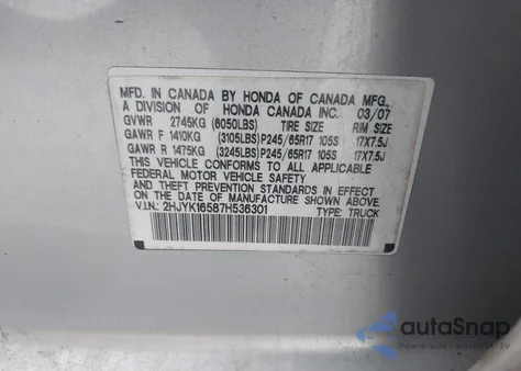 2007 Honda Ridgeline Rtl z USA, uszkodzony, nr VIN 2HJYK16587H536301